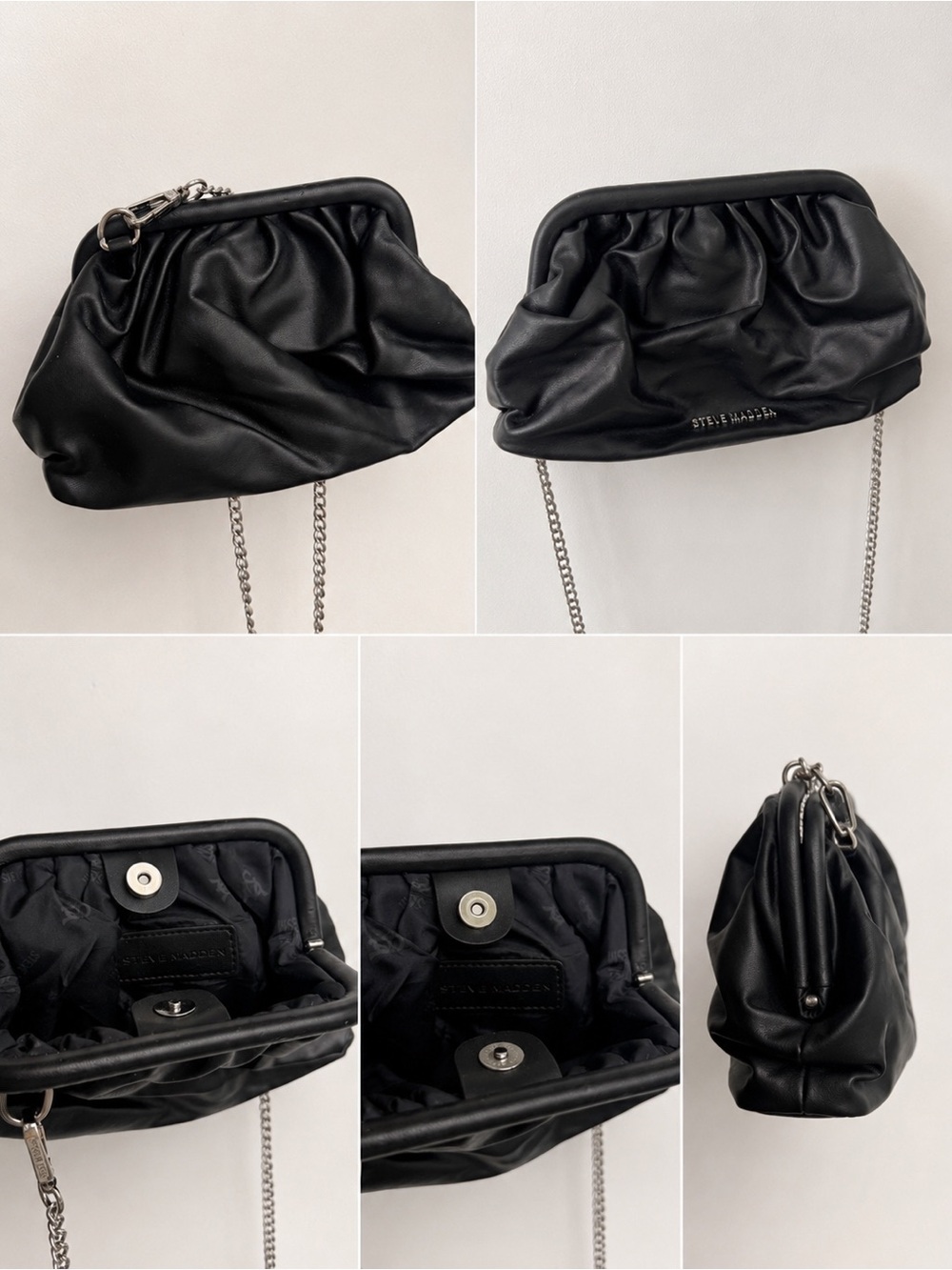 Steve Madden Black Ruched Frame Shoulder Clutch with Chain